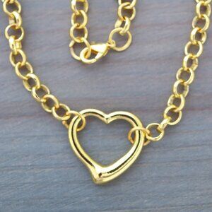 Open Heart Pendant Round Link Chain Necklace 18k Gold Plated Stainless Steel